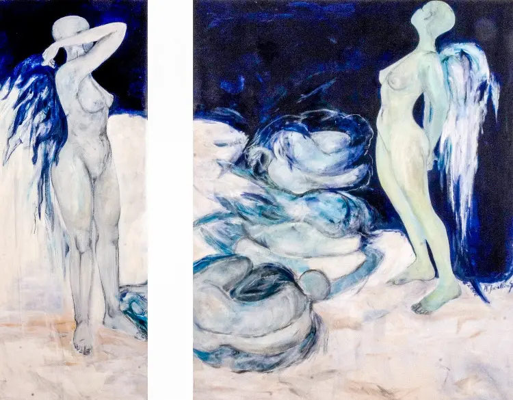 Claudia Sawallisch: Diptychon Genesis, 2012, Acryl/Canvas, 150X55 / 150X120